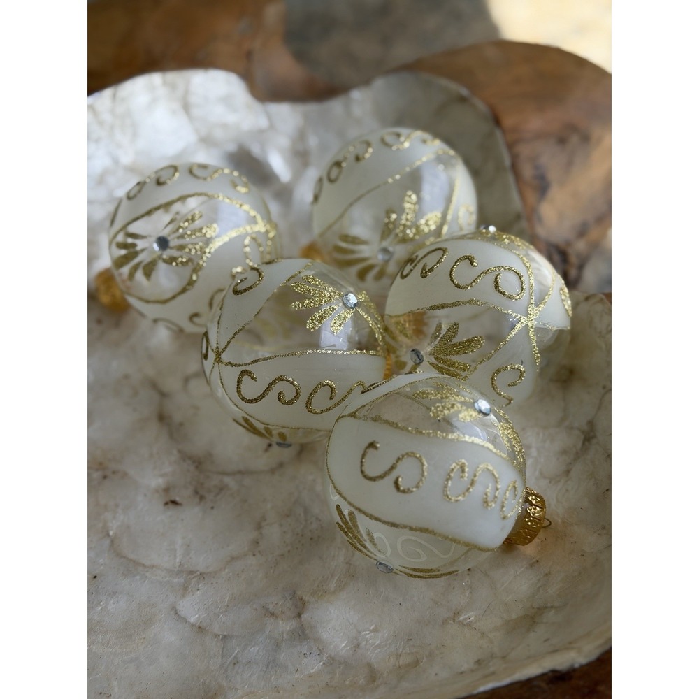 Set of 5 Vtg G&D Clear Frosted Glass Christmas Ornaments Gold Glitter Gems